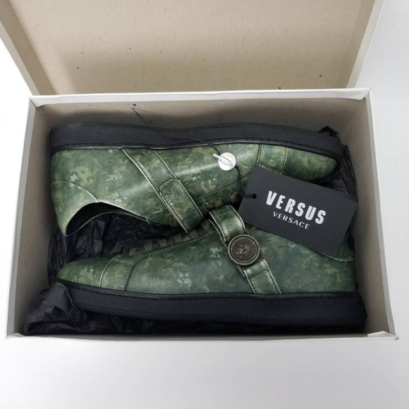 Versace Versus Camo Green Leather Strap Low Top Sneakers Lion Head FSX005C Sz 39 - Picture 8 of 12